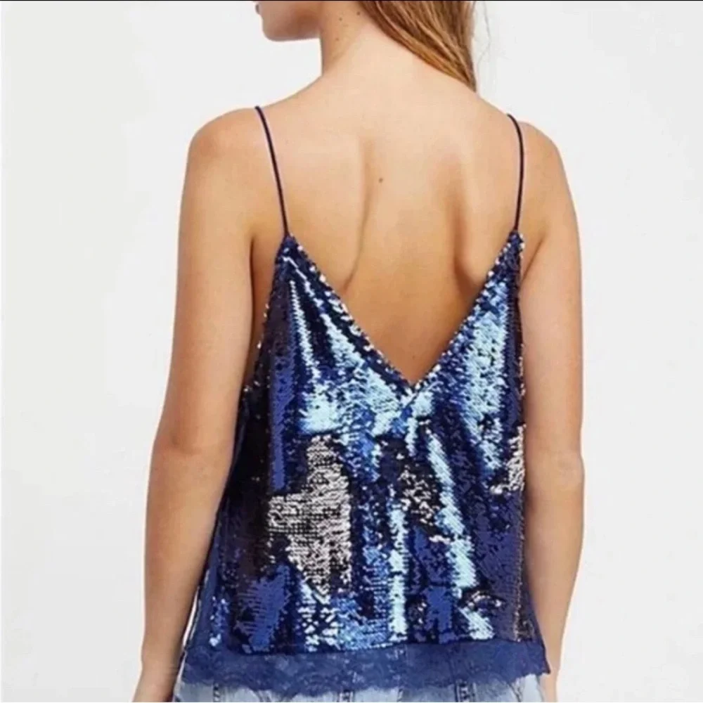 Free People Reversible Blue Silver Sequin Tank Top Small Lace Trim Party
